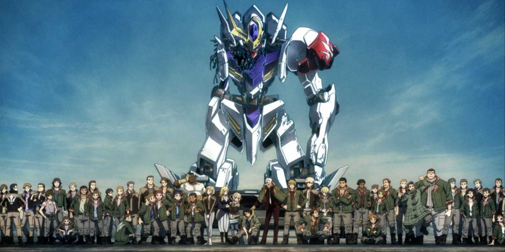 The Iron-Blooded Orphans team assembled with their mecha in Mobile Suit Gundam: Iron-Blooded Orphans.