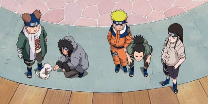 Choji, Kiba, Naruto, Shikamaru, and Neji prepare to leave to bring Sasuke back