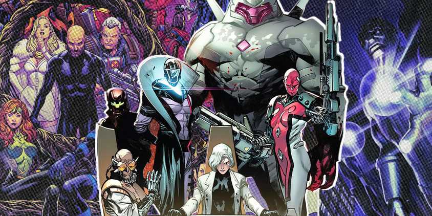 A collage with Orchis In front a background of the X-Men and Sentinels from Marvel Comics