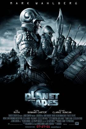 An army of warrior apes with armor, swords, and riding horses on Tim Burton's Planet of the Apes poster