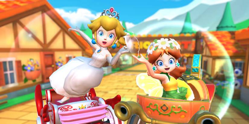 Princess Peach and Princess Daisy in wave to the camera in Mario Kart Tour.