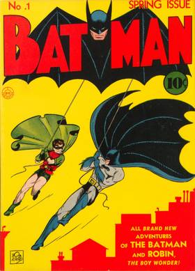 Batman's number 1 coverage depicts Bruce Wayne like Batman and Dick Grayson like Robin swinging in Gotham City.