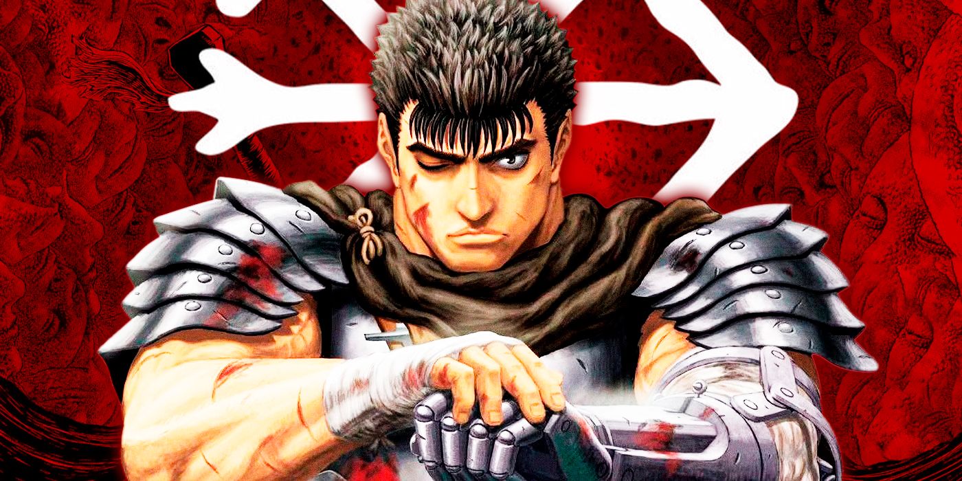 Guts from Berserk is staring straight at the viewer with one hand on top of the other