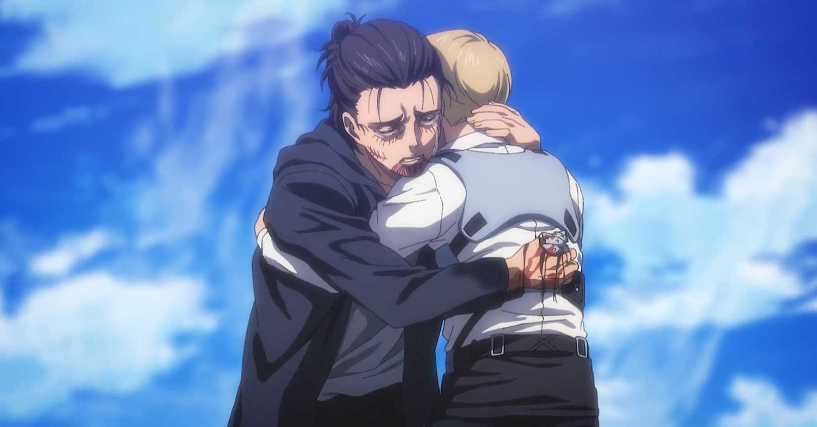 Eren and Armin hug goodbye from Armin's memories in Attack on Titan