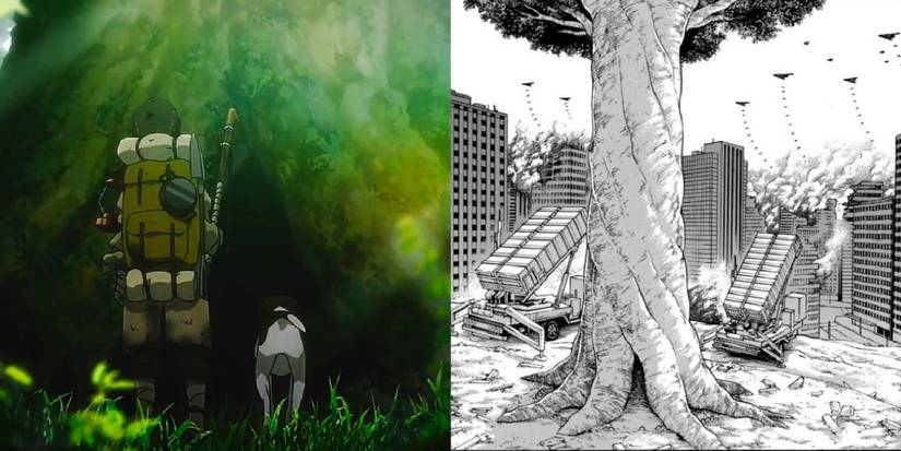Split image showing a boy and his dog walking toward the Titan tree; and Paradis destroyed by bombing