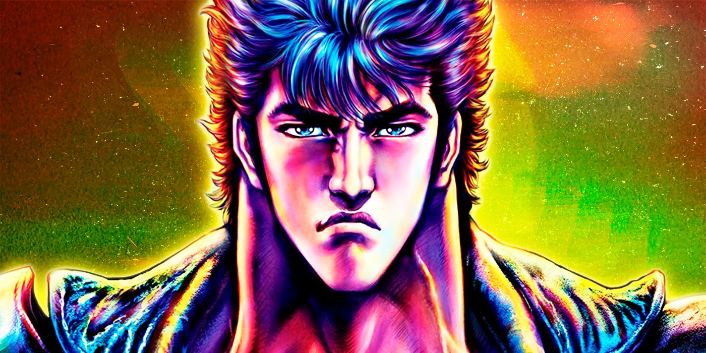 Fist of the North Star protagonist Kenshiro is against a colorful background.