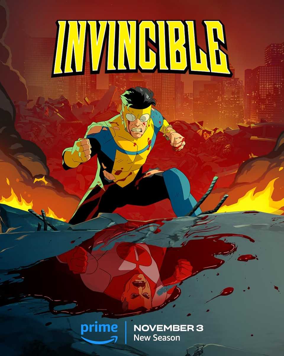 Mark Grayson sees a reflection of his father, Omni-Man, in a puddle of blood on the Invincible poster.
