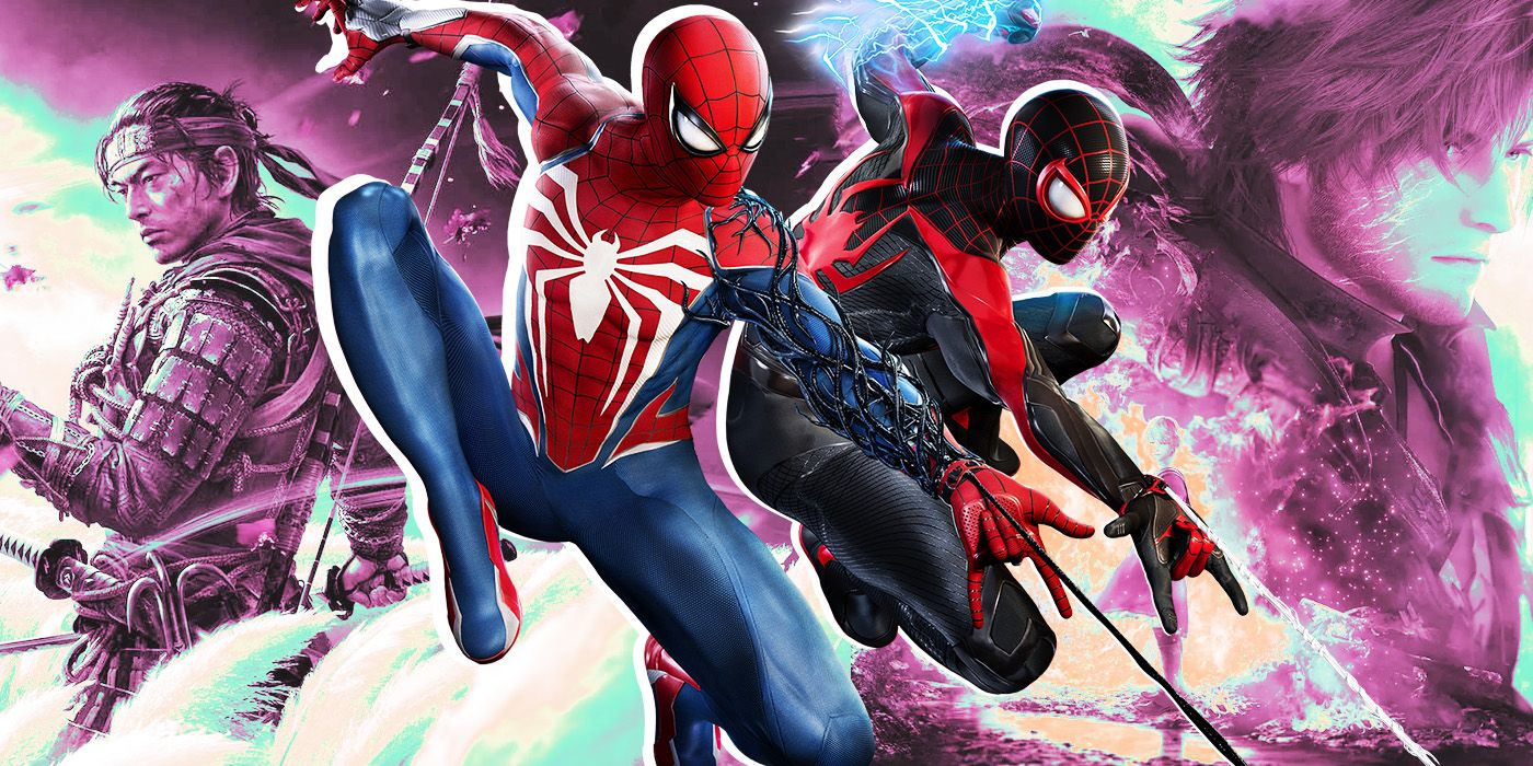 A collage of Marvel's Spider-Man 2, Ghost of Tsushima, and FInal Fantasy XVI