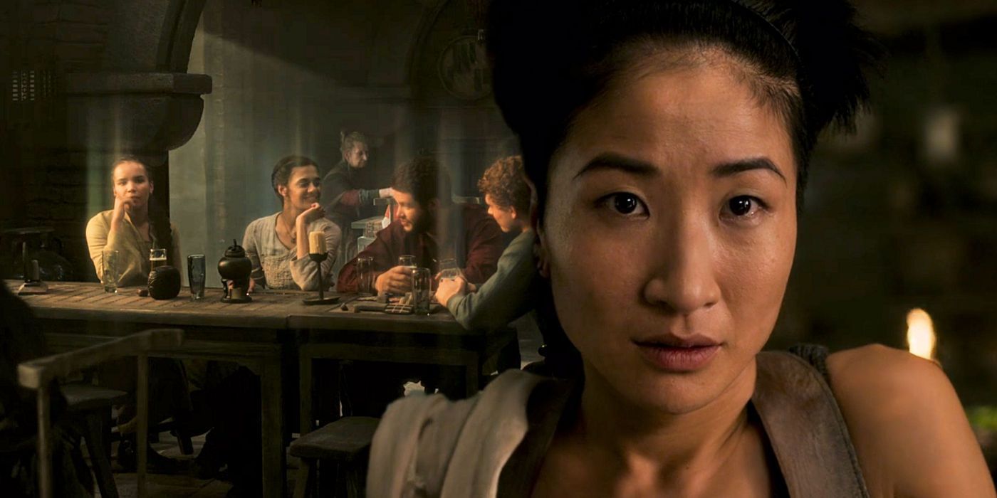 Min Farshaw wearing a white blouse in foreground with a vision in background from The Wheel of Time