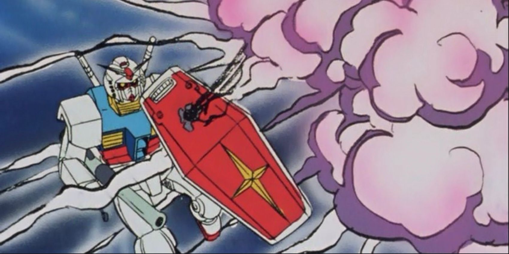 Amuro's RX-78 Gundam shields a blast in the original Mobile Suit Gundam.