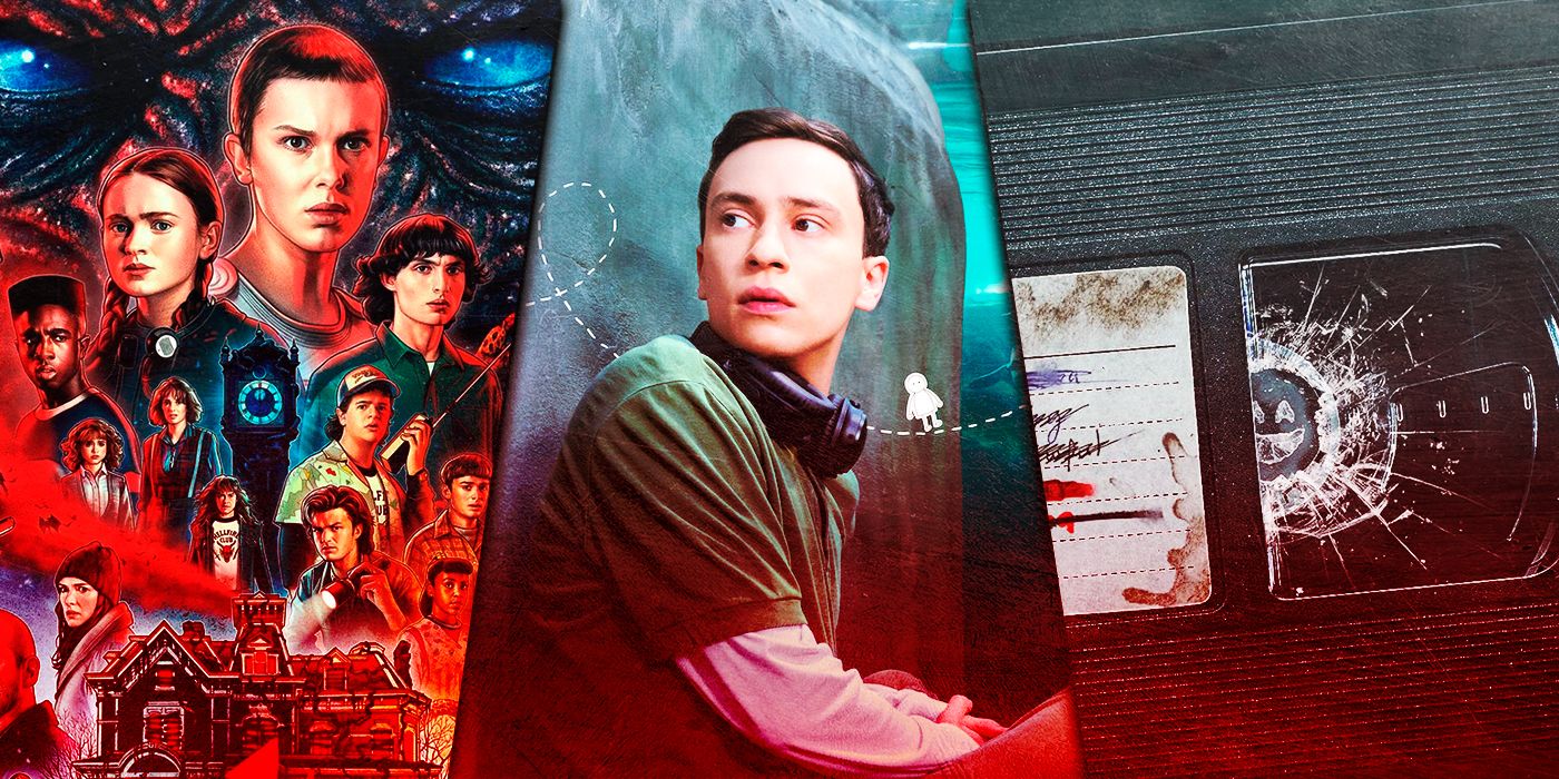 Three-way split image featuring Stranger Things, Atypical and Black Mirror
