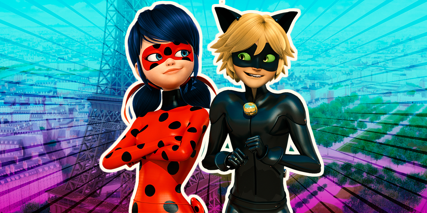 Ladybug and Cat Noir from Miraculous Ladybug with Eiffel Tower in the background