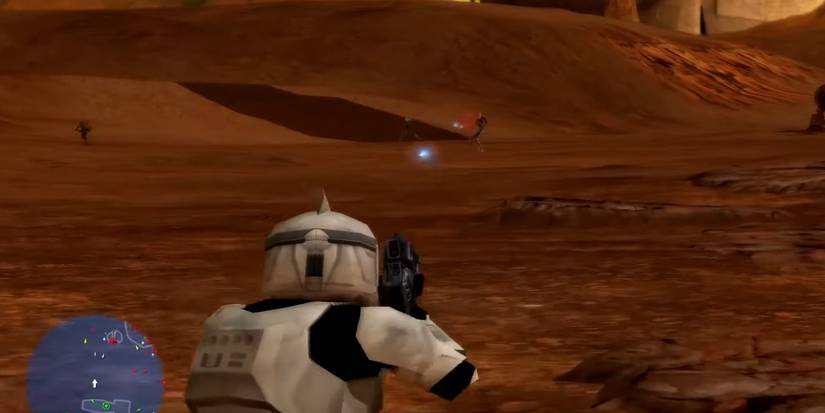 A Clone Trooper fires on Battle Droids in Star Wars Battlefront (2004).