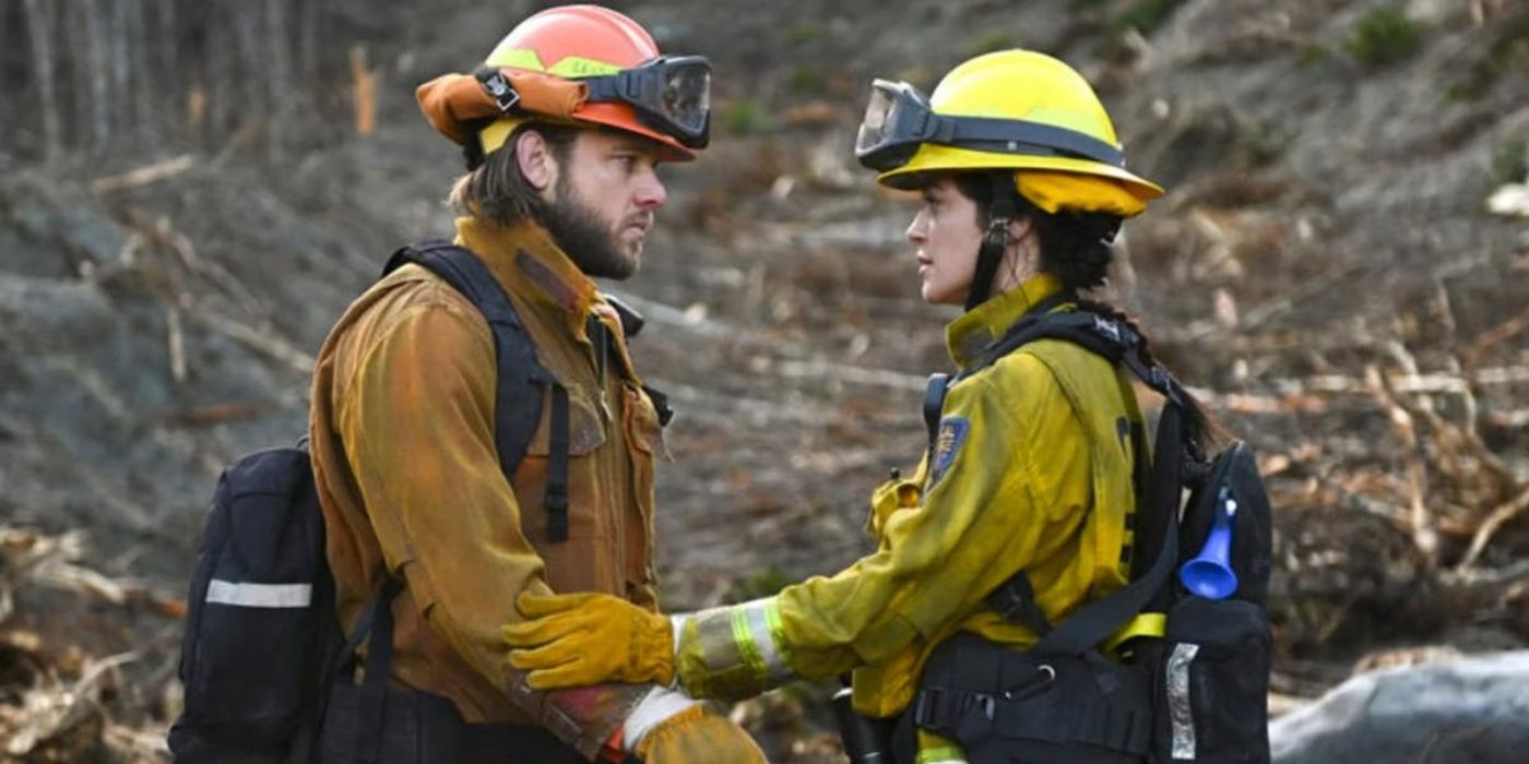 Max Thieriot as Bode Leone and Stephanie Arcila as Gabriela Perez in Fire Country