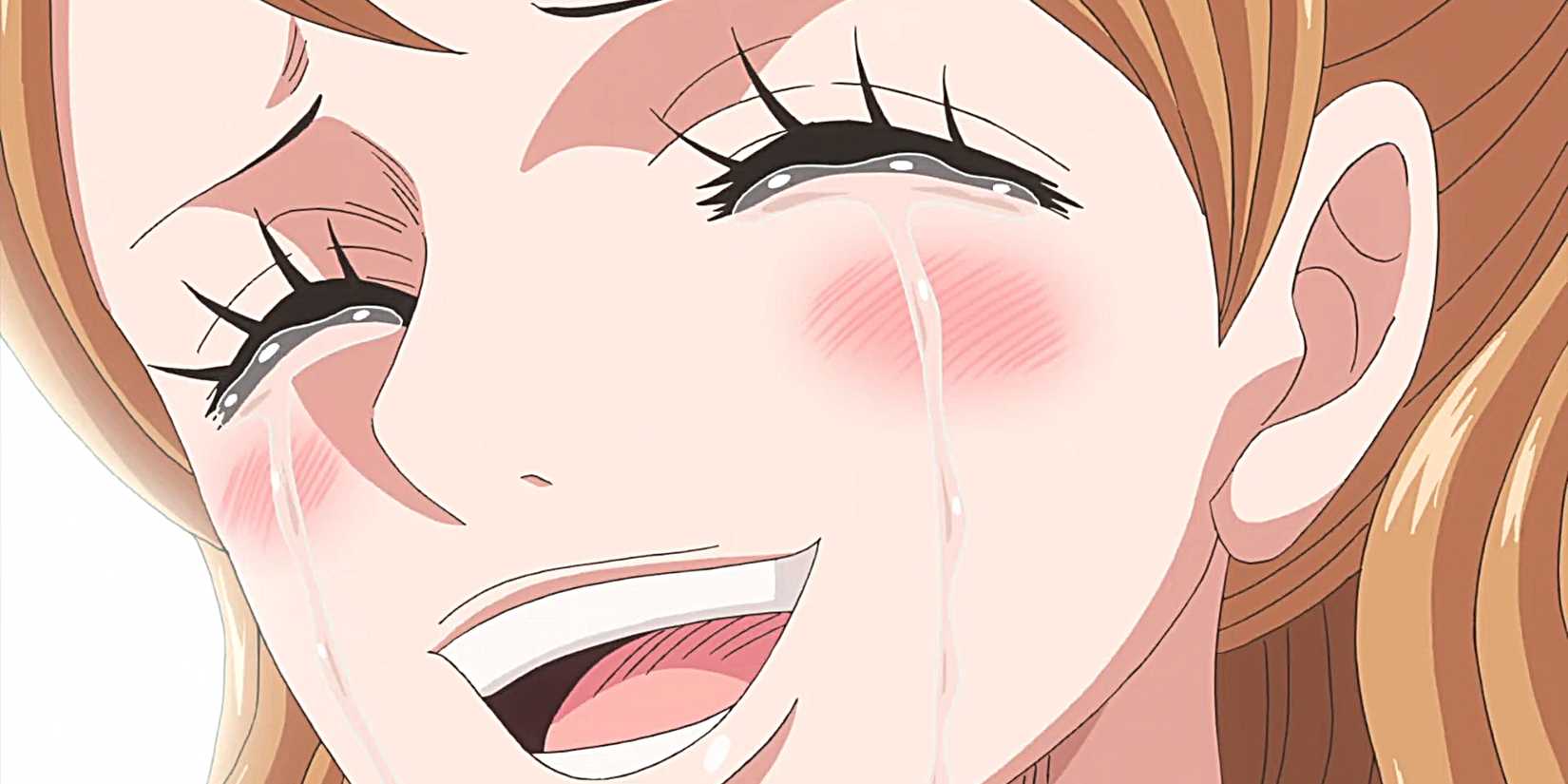 Charlotte Pudding starts crying heavy tears after whispering a secret to both Monkey D. Luffy and Nami.