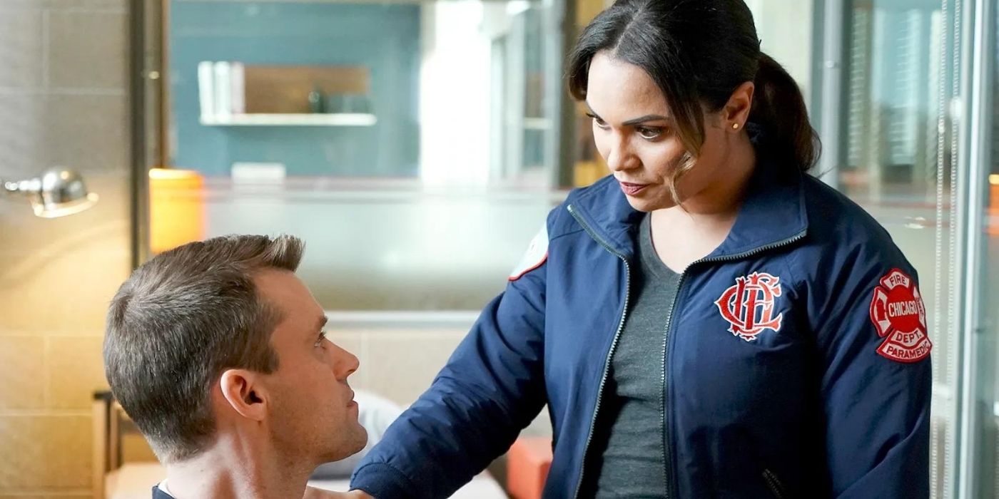 Jesse Spencer as Matthew Casey talks with Monica Raymund as Gabriela Dawson on Chicago Fire