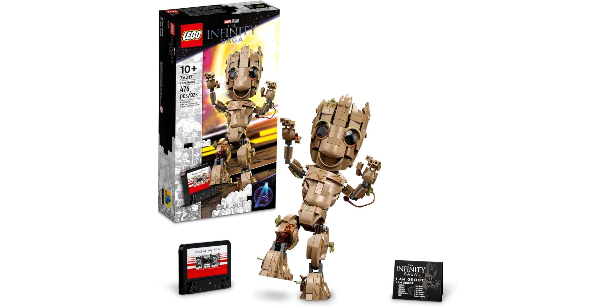 LEGO Marvel I Am Groot featuring a posable Groot, a LEGO cassette tape and an information card