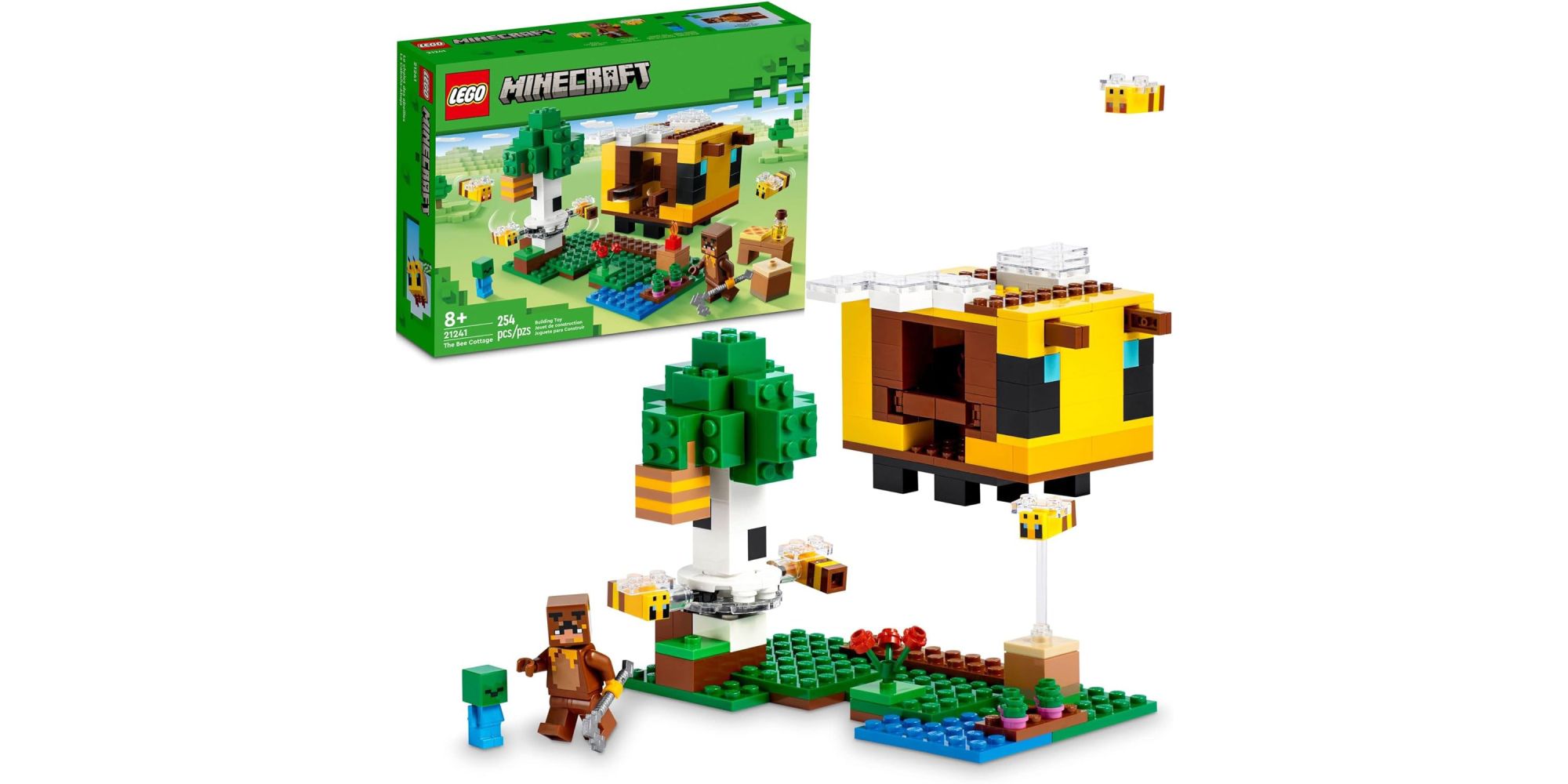 LEGO Minecraft The Bee Cottage featuring beekeeper Minecraft Steve, bees, and a cottage