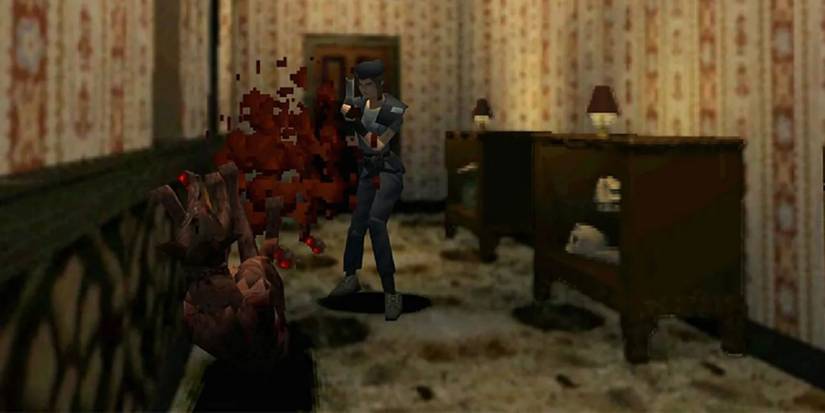 Resident Evil 1 PS1 Jill fighting zombie dog