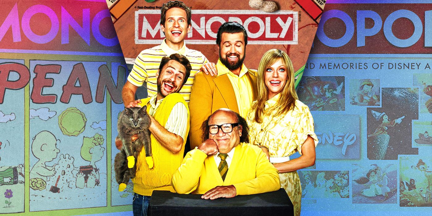 An image of the characters from It's Always Sunny in Philadelphia dressed in yellow is superimposed in front of images of different themed Monopoly games.