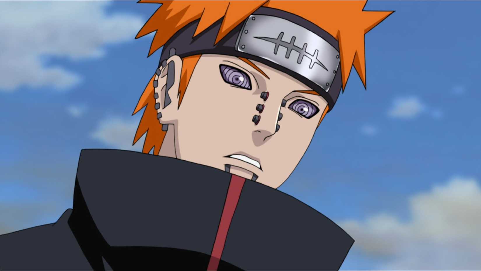 Nagato AKA Pain looking down as he speaks to his opponents in Naruto: Shippuden