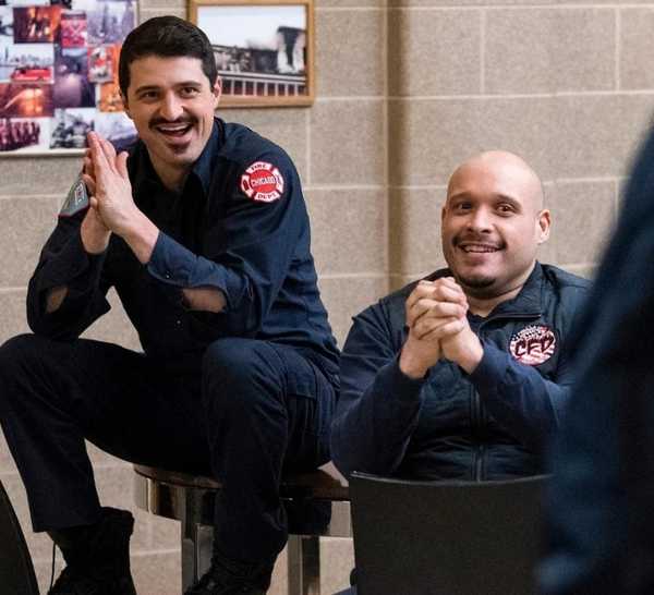 Yuri Sardarov as Brian 'Otis' Zvonecek sits with Joe Minoso as Joe Cruz on Chicago Fire