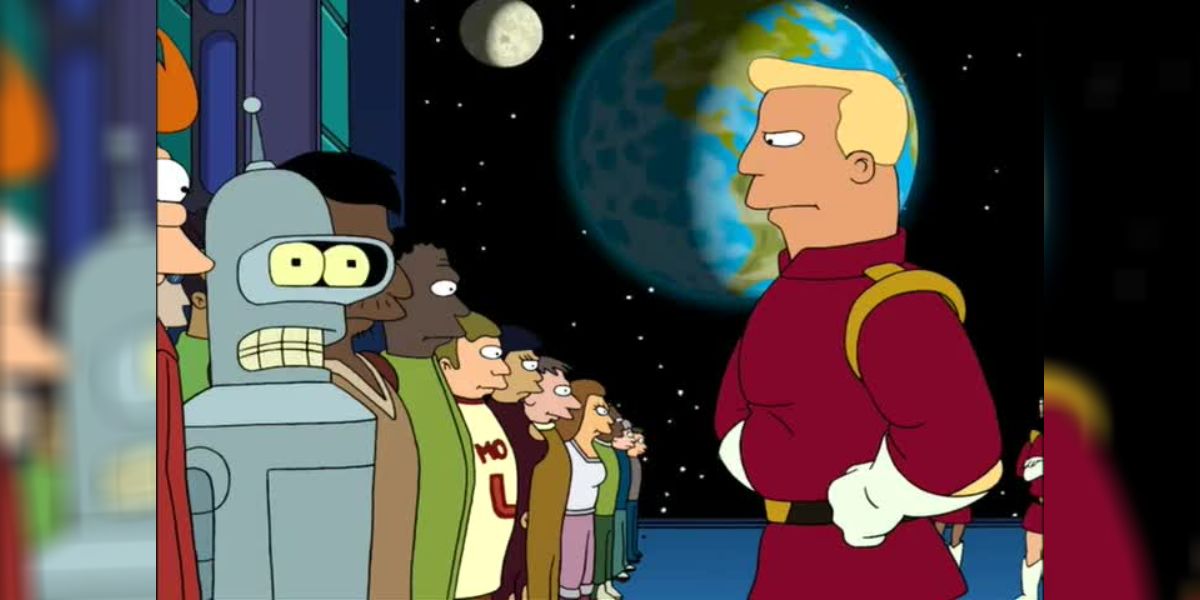 Um grupo de civis, incluindo Fry e Bender, ficam na frente de Zapp Brannigan no episódio 