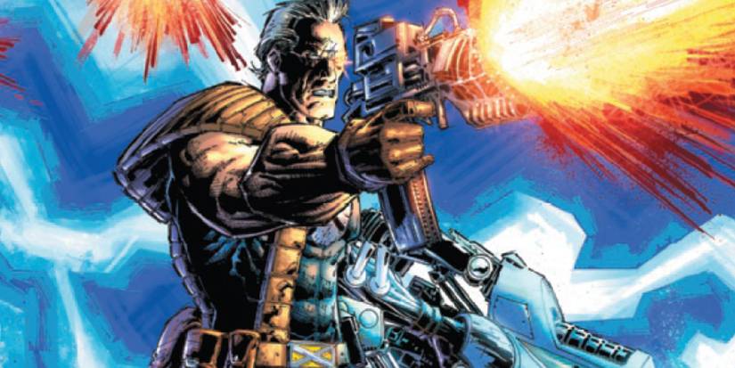 Cable firing his guns with lightning behind him