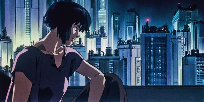 Major Motoko Kusanagai looks over the city in Ghost in the Shell.