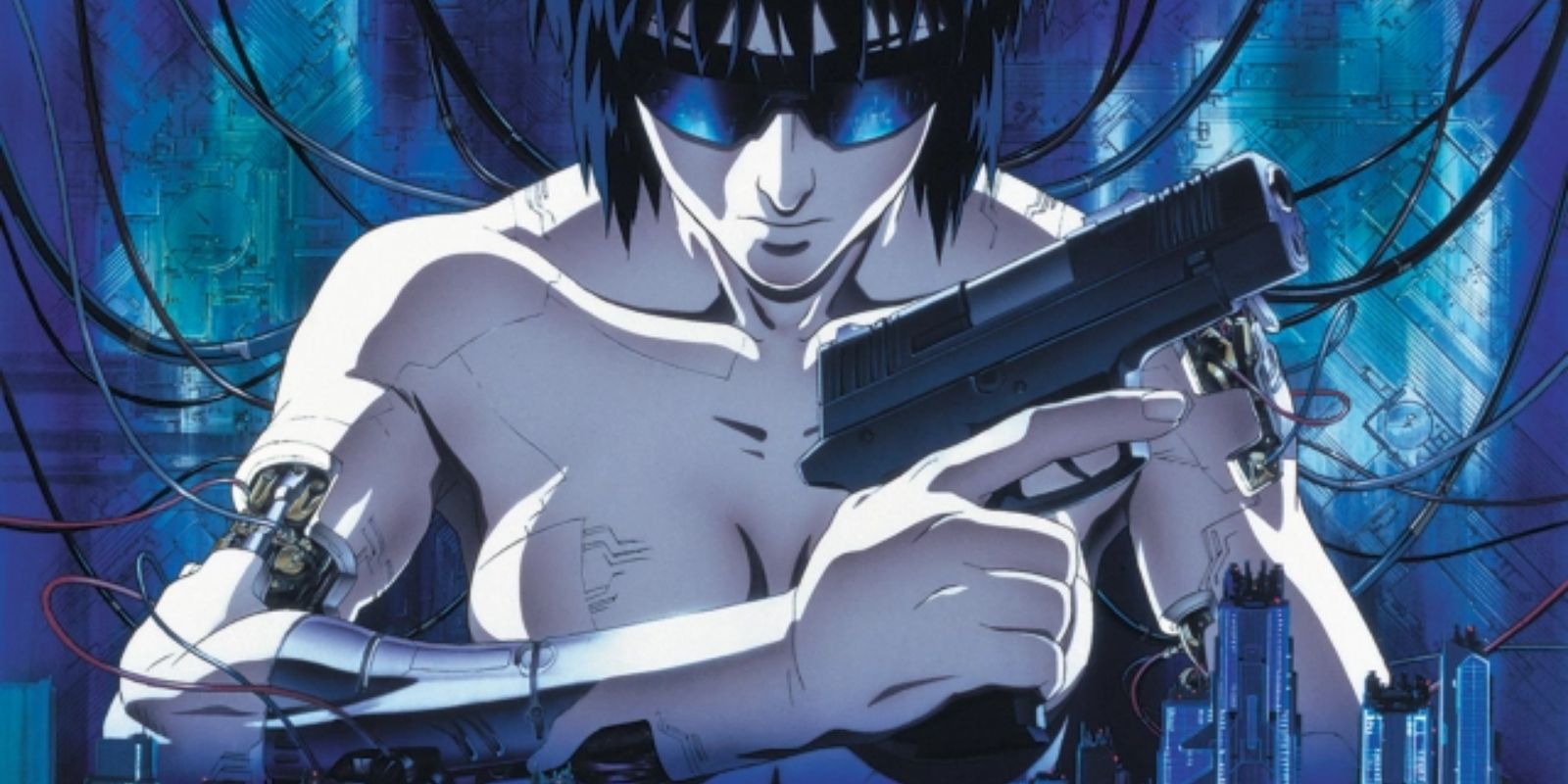 Agent Makoto Kusanagi holds her gun in Ghost in the Shell.