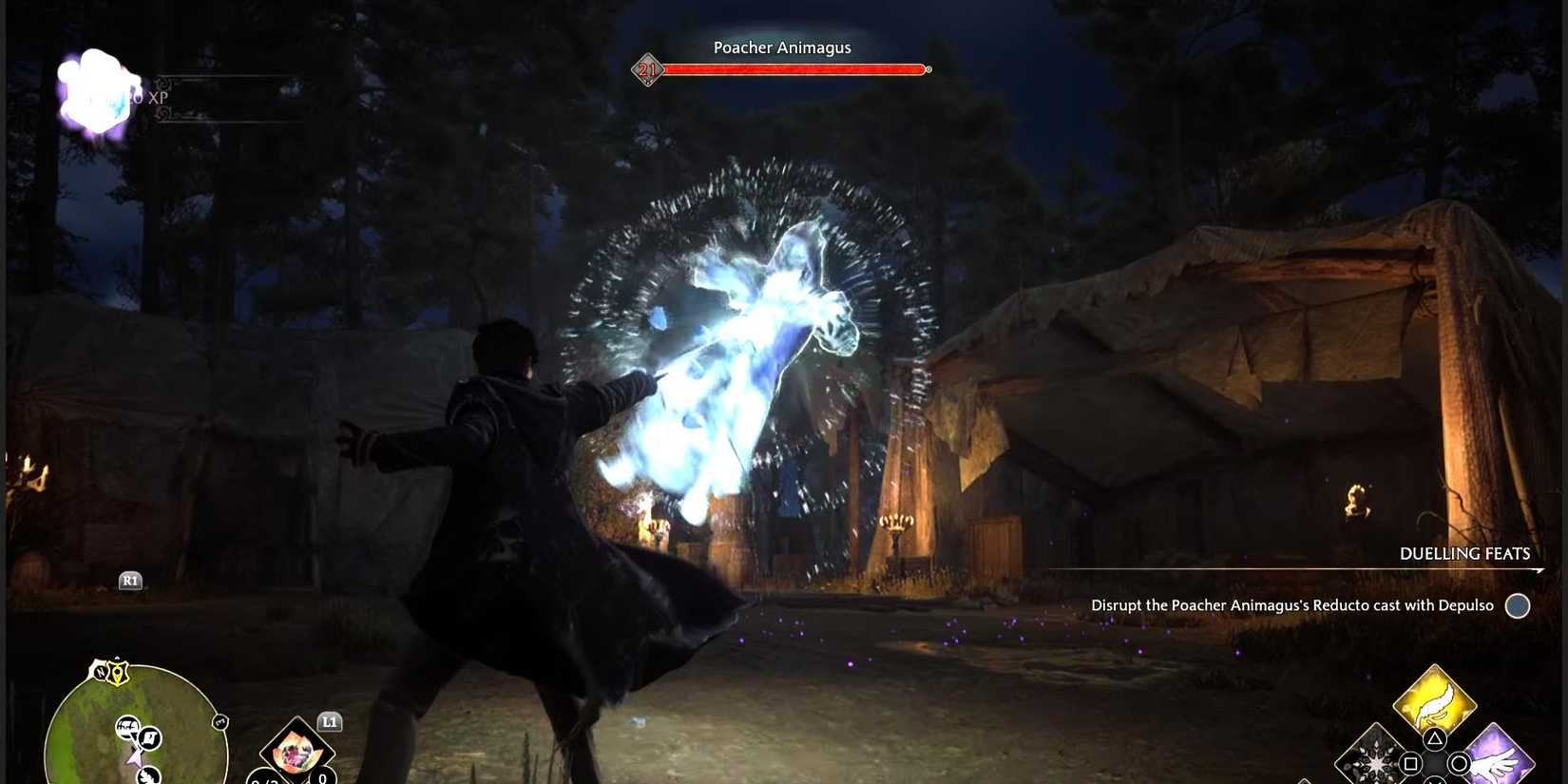 The player uses the Depulso spell against an enemy in Hogwarts Legacy.