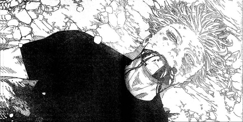 Gojo gisant mort après avoir été vaincu par Sukuna dans Jujutsu Kaisen