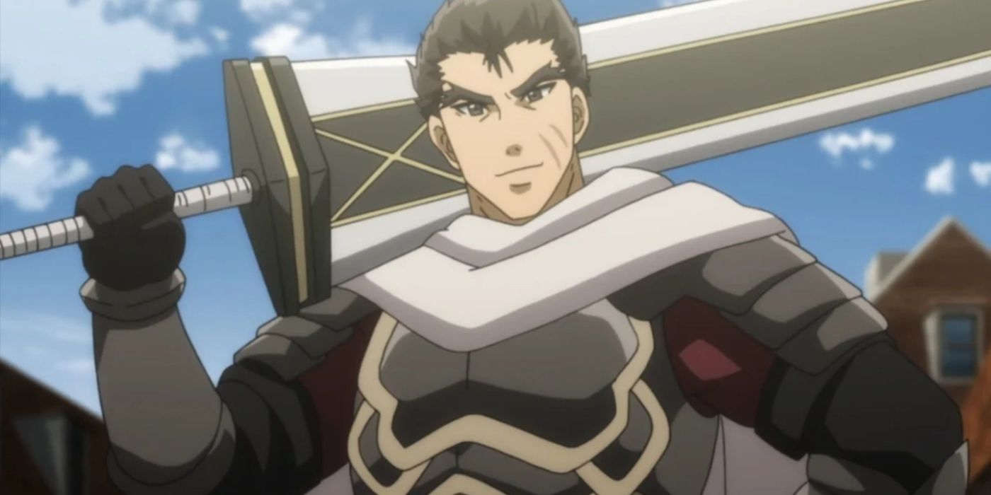 Guerreiro pesado segurando sua grande espada na primeira temporada do Goblin Slayer.