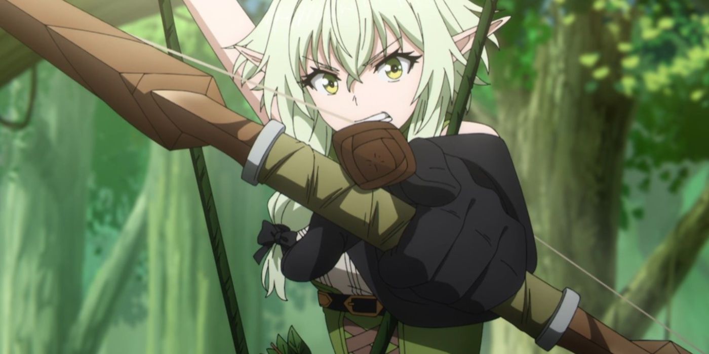 A High Elf Archer takes aim with their bow and arrow in Goblin Slayer.