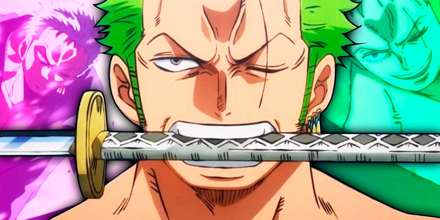 An image of post-timeskip Rorona Zoro with a sword in his mouth is superimposed in front of other images of him from One Piece.