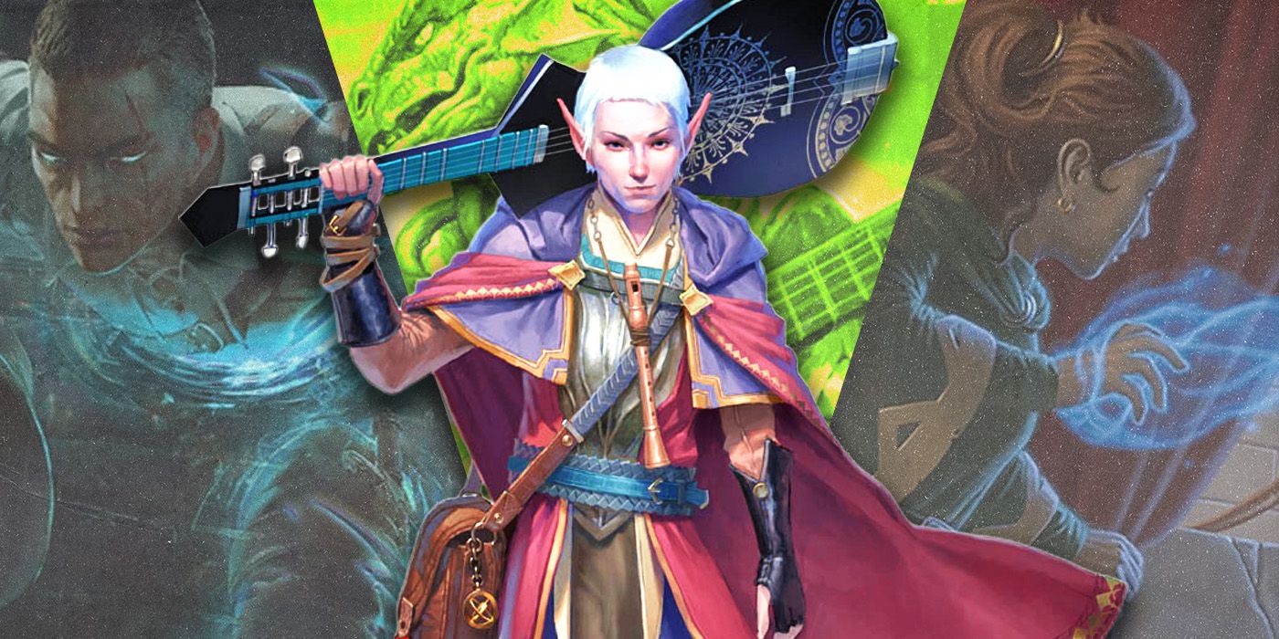 Split images of a bard in Dungeons & Dragons imposed over other characters.