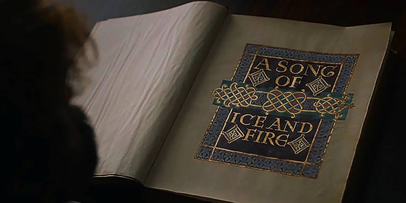 An open book titled "A Song of Ice and Fire" in the Game of Thrones finale