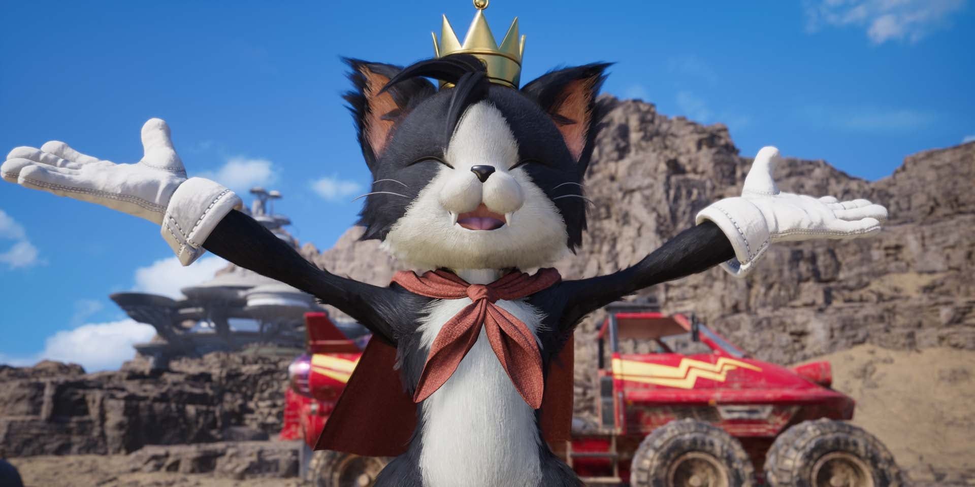 Cait Sith with her arms outstretched in front of the buggy in Final Fantasy VII Rebirth