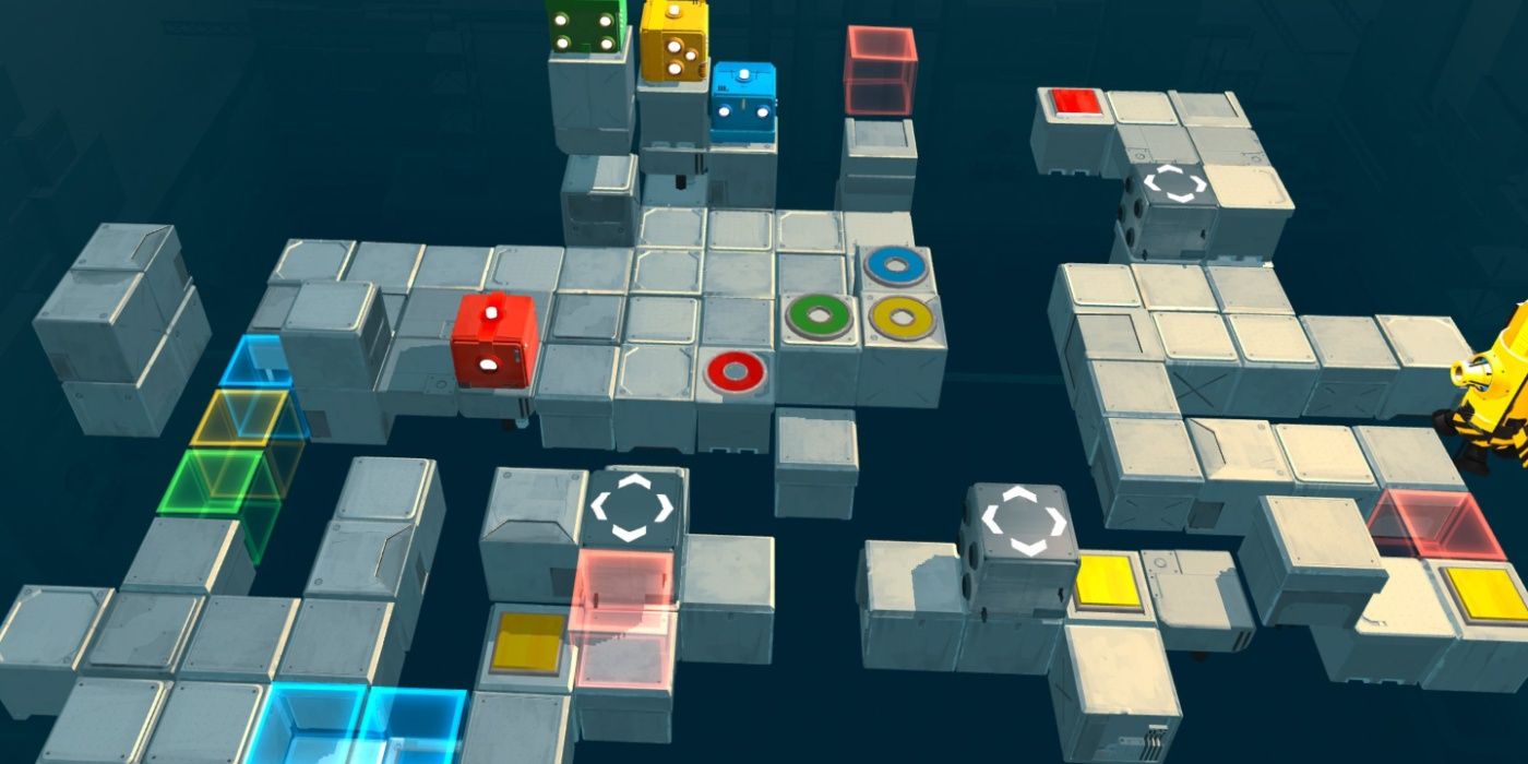Jogo Death Squared apresentando o cubo do personagem tentando resolver um quebra-cabeça.