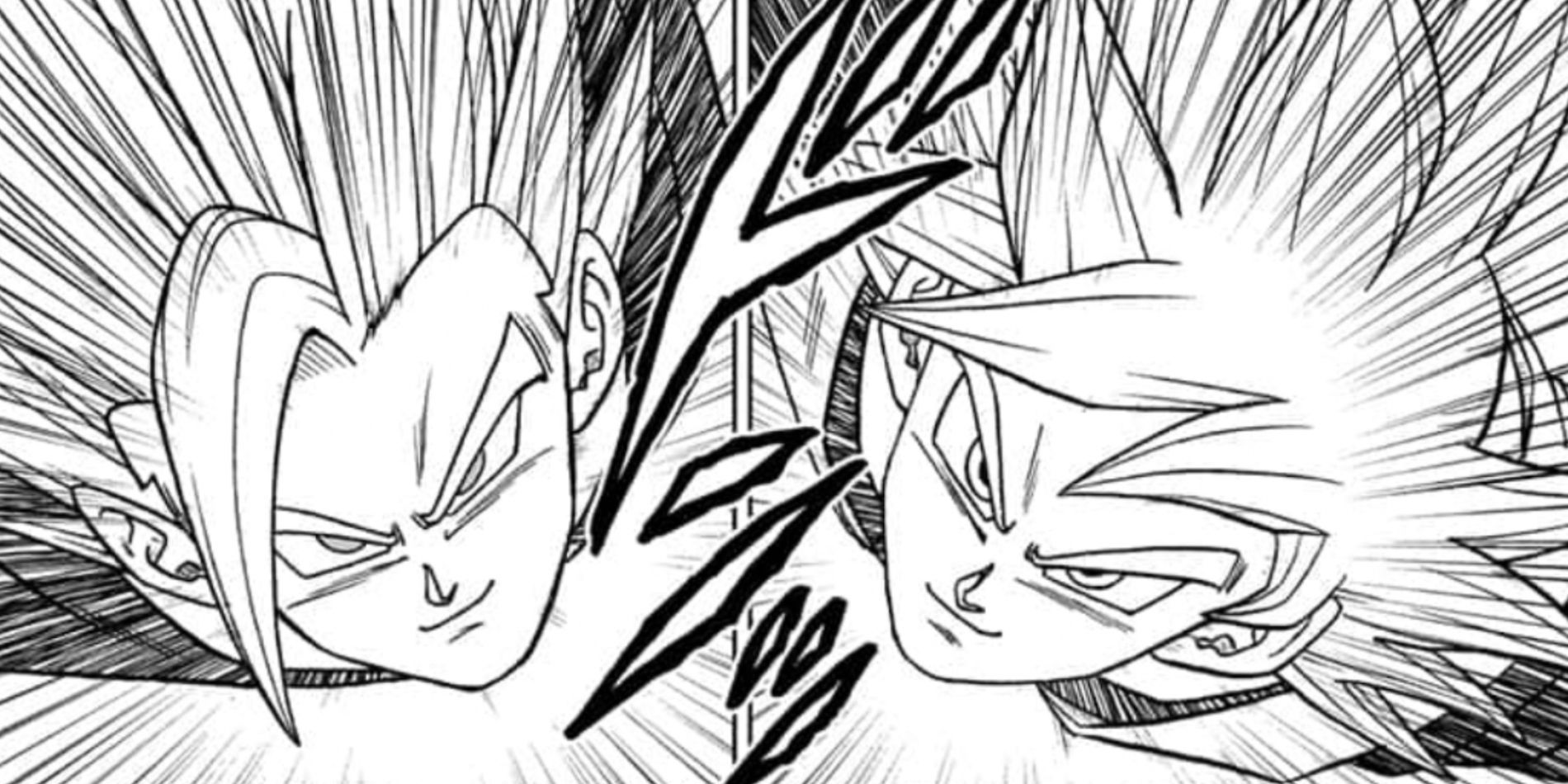 Dragon Ball Super Bölüm 102'de Gohan Beast ve Ultra Instinct Goku birbirlerine uçuyor.