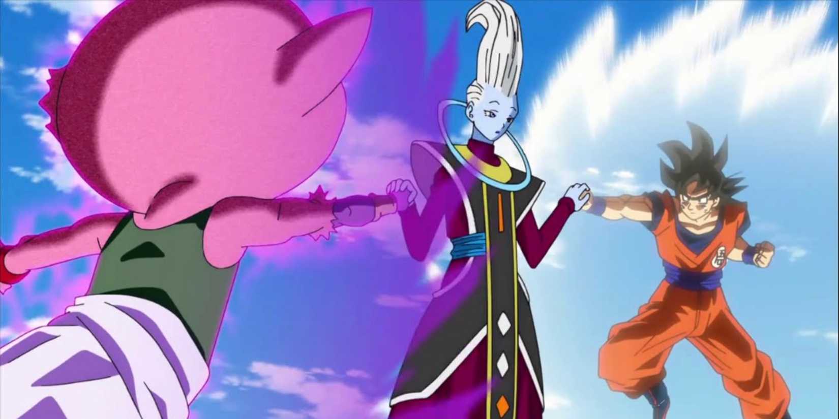 Whis referees a fight between Goku and Beerus, who's dressed as Monaka in Dragon Ball Super.