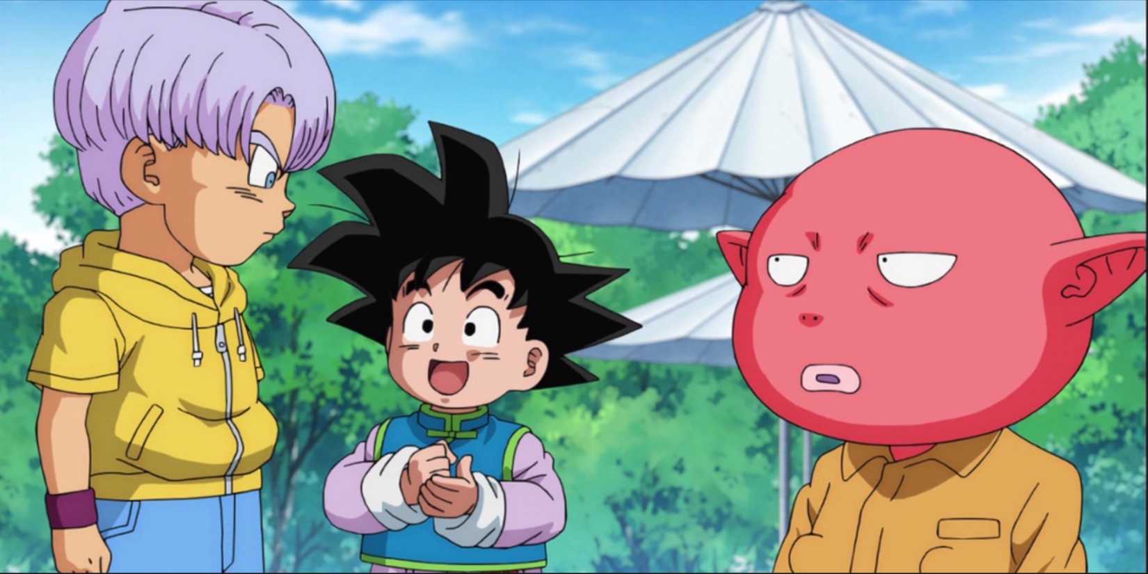 Monaka talks to Goten and Trunks in Dragon Ball Super.
