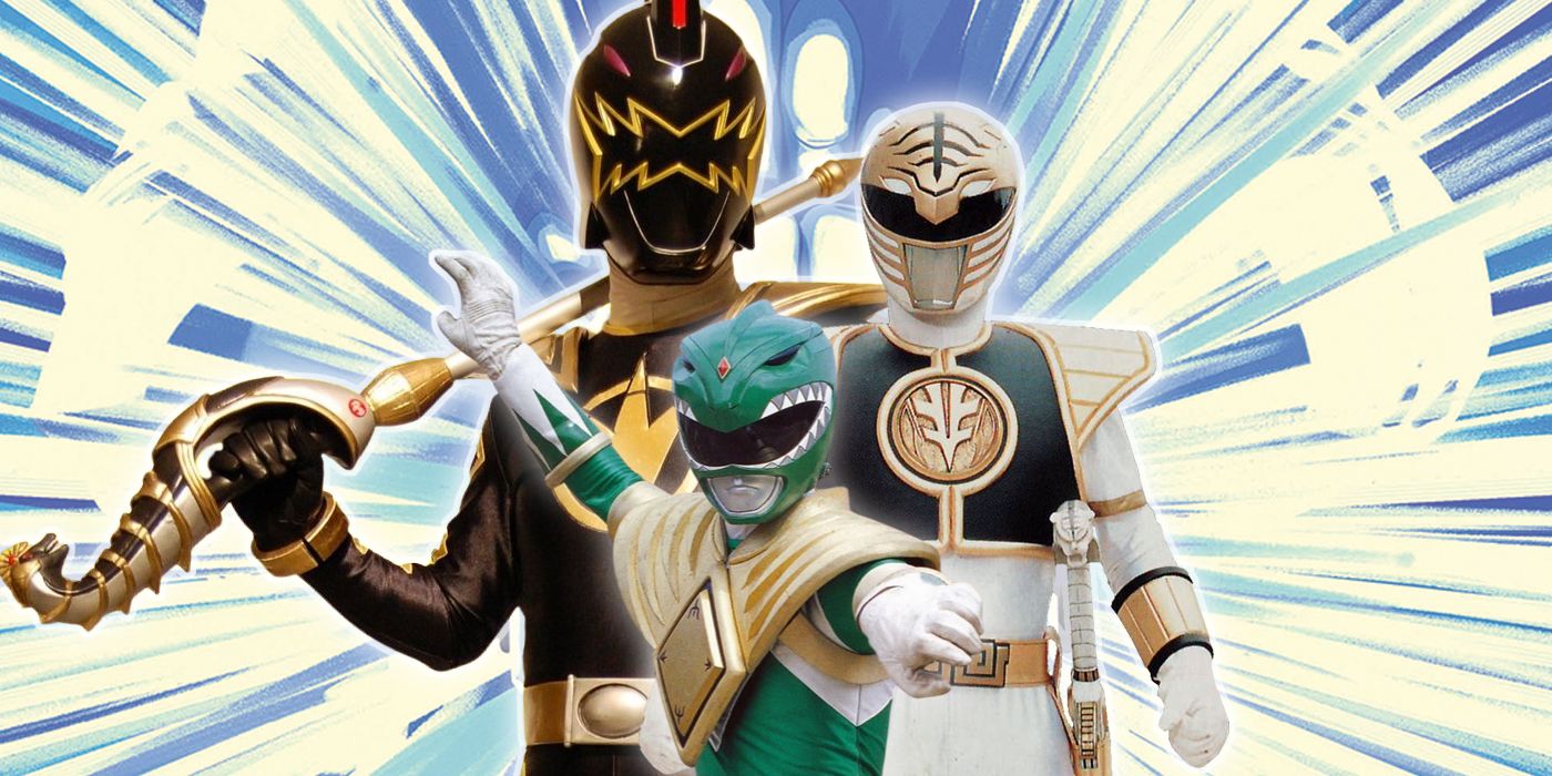 Imagem dividida de Tommy Oliver em suas diferentes cores de Power Ranger do programa de TV com energia transformada no fundo