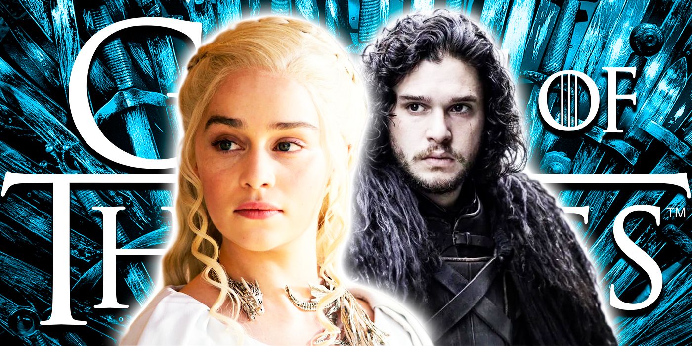 A Composite image features Daenerys and Jon Snow in front of the Game of Thrones logo.