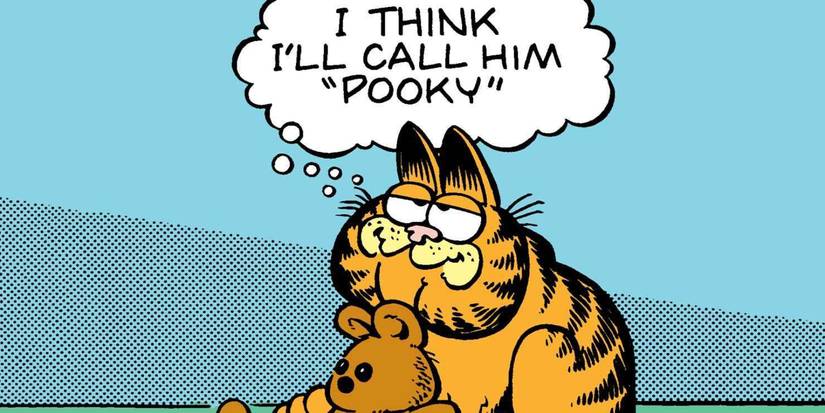Early Garfield holds a stuffed toy and decides to call it pooky.