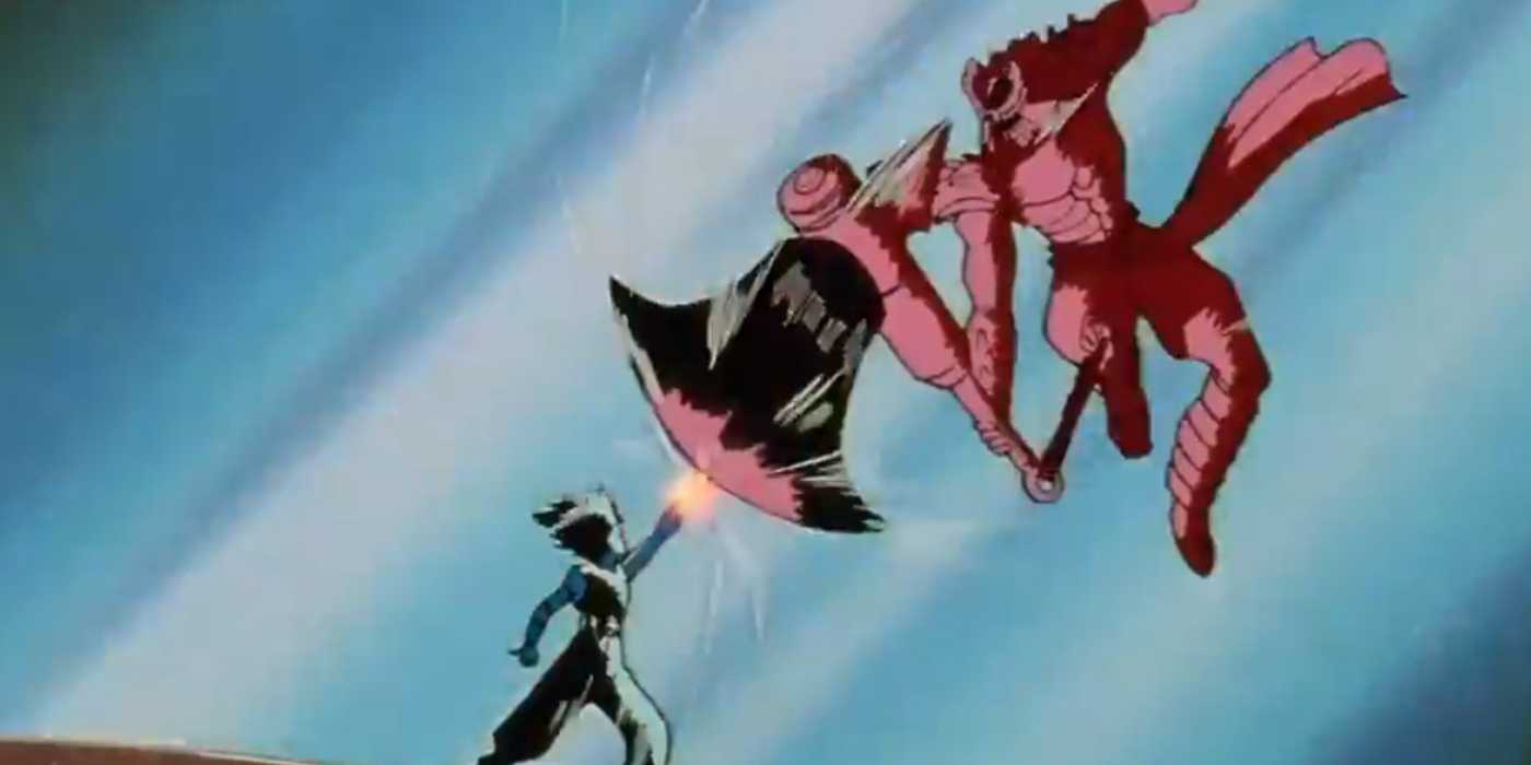 Hiei stops Bui's attack during the Dark Tournament in Yu Yu Hakusho.