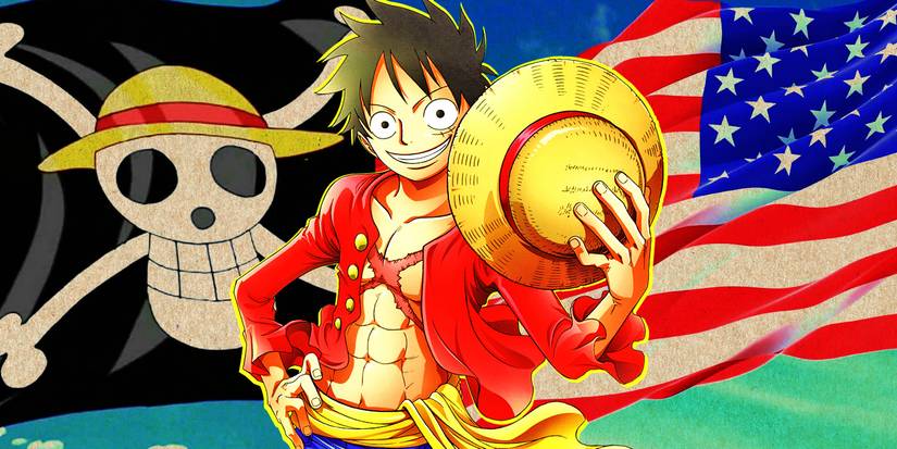 Luffy from One Piece with the Straw Hats Jolly Roger and the American flag