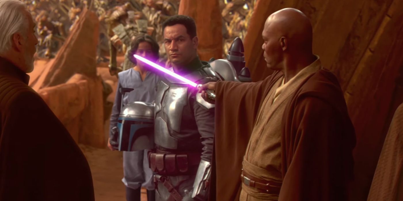 Mace Windu threatens Jango Fett in Star Wars Episode II – Attack of the Clones