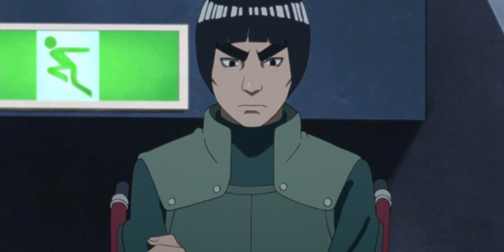 Might Guy sitting in front of an exit sign in Boruto