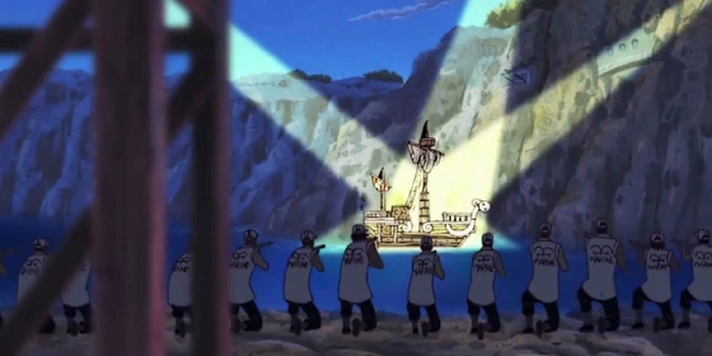 Spotlights hit a boat in One Piece's G-8 Filler Arc.